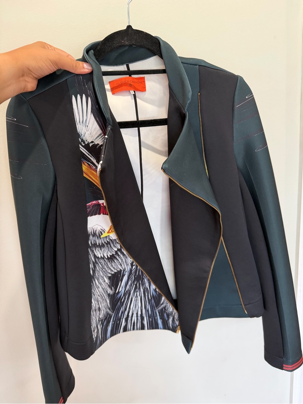 Clover Canyon Black and Teal Print-Lined Asymmetric Zip Jacket